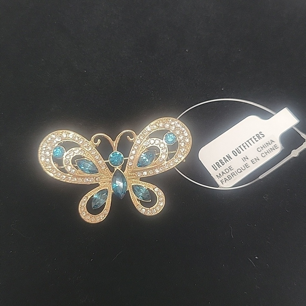 Urban Outfitters Gold Butterfly Pin with Teal and Clear Stones NWT